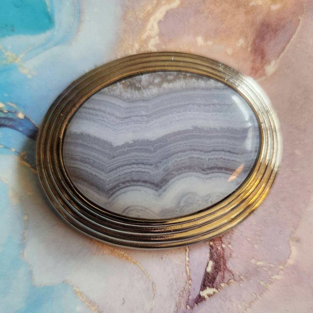 Blue Lace Agate And Silver Metal Brooch